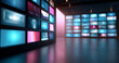 © perfectlab - Modern digital video wall installation with multiple screens displaying colorful abstract and blurred images in a dark room with reflective floor