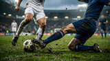 Two soccer players in action on a muddy field during an intense football match.