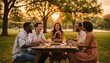 © Sanjit - Lively outdoor dinner party with diverse friends enjoying a gourmet meal and wine under string lights in a beautiful garden setting at sunset, celebrating friendship and summer evening vibes.