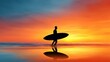 © buraratn - Surfer Walking Along Shoreline at Sunset with Vibrant Colors Reflecting on Calm Water Creating a Serene and Picturesque Beach Scene