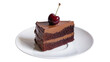 © Niamh - Isolated delectable chocolate cake slice with rich frosting and fresh cherry on a plate