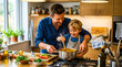 © rmdesigner81 - Man and boy cooking together in modern kitchen with gas stove and wooden countertops daily