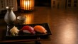 © H-MindWorks - fresh tuna and salmon nigiri sushi with sake set on a wooden table, copy space for design