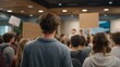 © Tania - Residents of a changing neighborhood standing at a community board meeting holding hand drawn signs, the room divided visibly between longtime locals and newer arrivals, overhead lighting casting