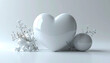 © taa - glossy white heart shape with delicate floral elements and sphere on a clean light background, simple elegance, romance symbol