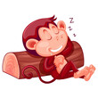 © RAFIQUL - Sleeping red monkey character resting on wooden log base.