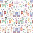 © All Animation - A cute and trendy seamless pattern featuring goats, islamic lanterns, stars, and crescent moons for Eid al-Adha wrapping paper and backgrounds.