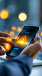 © Laura - Faceless male hands holding a smartphone with a yellow warning triangle notification on screen representing a security alert, system error, and mobile software bug concept. Yellow