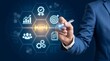 © Tabinda - Man's hand using stylus to interact with holographic business process icons including quality goals efficiency business strategy hologram technology efficiency