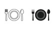 © Prime - Dining table setting with plate fork and spoon icon set in outline and solid black graphic styles for restaurant menus