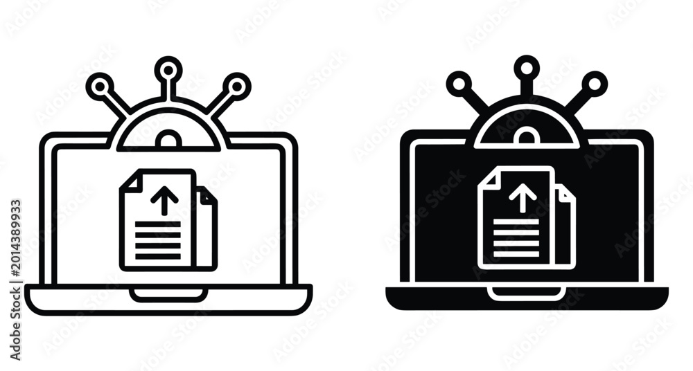 Laptop computer icon set showing document file upload process with ...