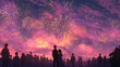 © hamuu - 鮮やかな花火を見上げる群衆のアニメ風イラスト