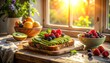 © kolikan - A vibrant and healthy breakfast spread is beautifully illuminated by warm sunlight streaming through a window.