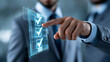 © Nataliya - Close-up of a man in a business suit interacting with a digital checklist on a futuristic holographic screen, enterprise workflow concept, compliance management, corporate data