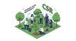 © vikriza - Vector illustration business team performs Corporate Social Responsibility, planting trees for environmental sustainability and community betterment efforts