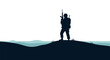 © Uray - Full body silhouette of a modern infantry soldier standing on a dark grassy hill holding an assault rifle, wearing a tactical helmet and backpack against a bright white background.