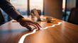 © DANG QUANG - Dynamic close-up of a hand reaching over a glowing arrow on a wooden table.
