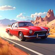 © Hiloe - Red vintage car speeding desert road.