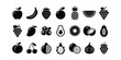 © Rezia - Food fruits glyph icon set. Vector pictograms of banana, strawberry, pineapple, watermelon, grapes, mango, blueberries, peach, cherry, lemon, avocado, pear, kiwi, black sign silhouette illustration.
