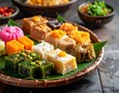 © yohan - A vibrant assortment of Southeast Asian desserts and sweets beautifully arranged on a woven platter, showcasing diverse textures and colors, perfect for culinary and cultural exploration