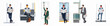 © Nurdayatt - Set of illustrations depicting professional businessmen commuting on public transport, reading newspapers, standing and sitting in formal suits.
