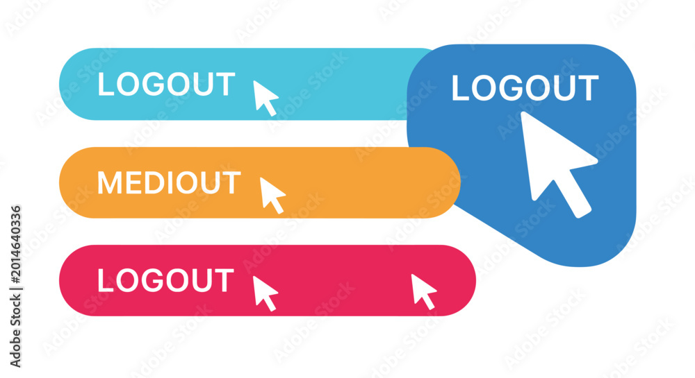 Set of logout buttons in blue, orange, and red with mouse cursors ...