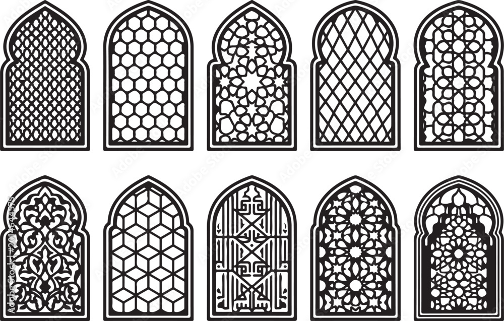 Islamic Window Patterns, Arched Mosque Designs, Black and White Vector ...