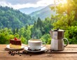 © usus - A serene mountain landscape with coffee, cake, and coffee maker