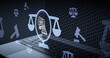 © sh99 - Digital technology concept showing a laptop keyboard with warning icons of financial fraud and legal gavel symbols for law, justice, taxation and internet crime prevention