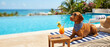 © Atlas - Dog relaxes by the pool with a drink and sunshine, created AI