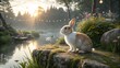 © Alper - Majestic fantasy landscape of a fluffy rabbit sitting by a sparkling, sunlit magical garden lake.