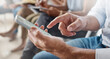 © peopleimages.com - Crowd, hands and man on mobile app in seminar for online notes, info and digital interaction. Event, audience and mature person with phone at conference for live poll software, response and research