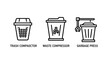 © Mehedi - Waste management and sanitation technology icons depicting trash compactor waste compressor and mechanical garbage press systems for recycling efficiency with compactor compressor recycling