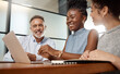 © peopleimages.com - Mentor, team or happy with laptop in office for live trading support, stock price update or review. Traders, people and coaching with tech in meeting for market research, platform navigation and tips