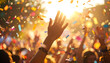 © ibarat - Crowd celebrating with hands up in the air, showering with colorful confetti during a sunny outdoor festival, joyful atmosphere