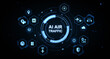 © ImageFlow - Futuristic AI air traffic control interface with digital aviation icons and glowing tech elements on dark background. 3D Rendering