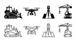 © PixelAura_Studio - Construction and surveying equipment icons set bulldozer, drone, total station, and tower crane vector illustration of heavy machinery and mapping tools for building and engineering industry