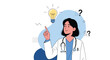 © Siam - Female doctor in a lab coat points upward at a glowing light bulb representing a medical idea or clinical innovation.