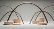 © Dian - Minimalist Product Display with Wooden Podiums and Branch Arches on White Background.
