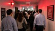 © INTAN - Emergency Evacuation Drill in Modern Office Hallway with Red Warning Lights and People