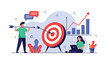 © Elwood - Team of business professionals working towards a common goal with a man shooting an arrow at a target and a woman analyzing data.