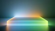 © www.freund-foto.de - Ein leuchtendes weißes Quader-Objekt mit grün-gelbem Neonlicht auf grauem Hintergrund in einer abstrakten 3D-Darstellung.