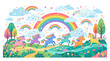 © mama - A vibrant illustration of multiple colorful unicorns running in a lush green meadow with rainbows, clouds, and trees in a whimsical fantasy landscape.