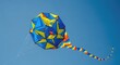 © Sayfar - Vibrant geometric kite glides through a vast azure sky, filmed from below to highlight its impressive altitude and fluid wind movement, outdoors, nylon, rainbow