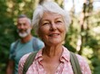 © World of AI - Active white senior couple enjoying nature while hiking in a lush green forest, with the woman smiling and the man blurred in the background