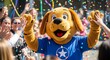 © Daun - Dog mascot cheering amidst colorful confetti at an outdoor event