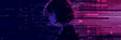 © hiten666 - Woman silhouette with pixel art glitch effect. Abstract digital portrait with horizontal neon lines. Cyberpunk style graphic background for sci-fi futuristic design and data stream concept.