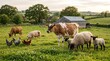 © Alva - Various farm animals grazing peacefully in a lush green pasture with a barn and trees in the background under a soft sky.