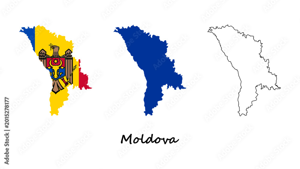 Moldova map set. Moldova map vector on flag, blue, and outline. Moldova ...