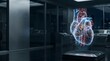 © AlignedArt - Advanced cardiovascular hologram displaying transparent human heart with futuristic healthcare monitoring system